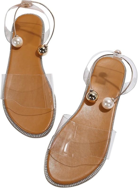 Oyoangle - Pearl Decor Clear Straps Flat Sandals