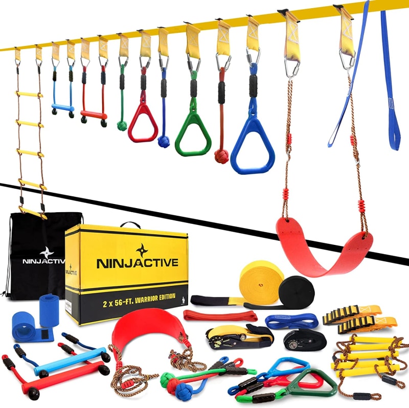 Ninja Obstacle Course for Kids with 4 Play Modes, 2 Slack Lines - 2x56’ Weatherproof Slackline Warrior Course with 12 Attachments Like Swing, Arm Trainer - Durable Outdoor Course