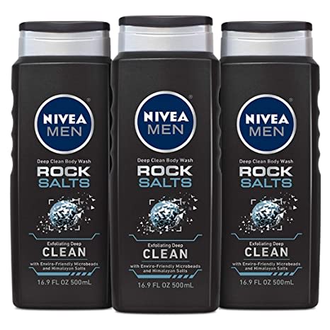 NIVEA MEN Deep Clean Rock Salts Body Wash, Exfoliating Rock Salt Body Wash, 3 Pack of 16.9 Fl Oz Bottles
