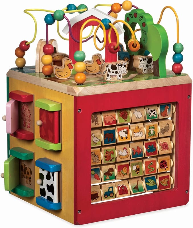 Wooden Activity Cube – Discover Farm Animals Activity Center for Kids 1 year