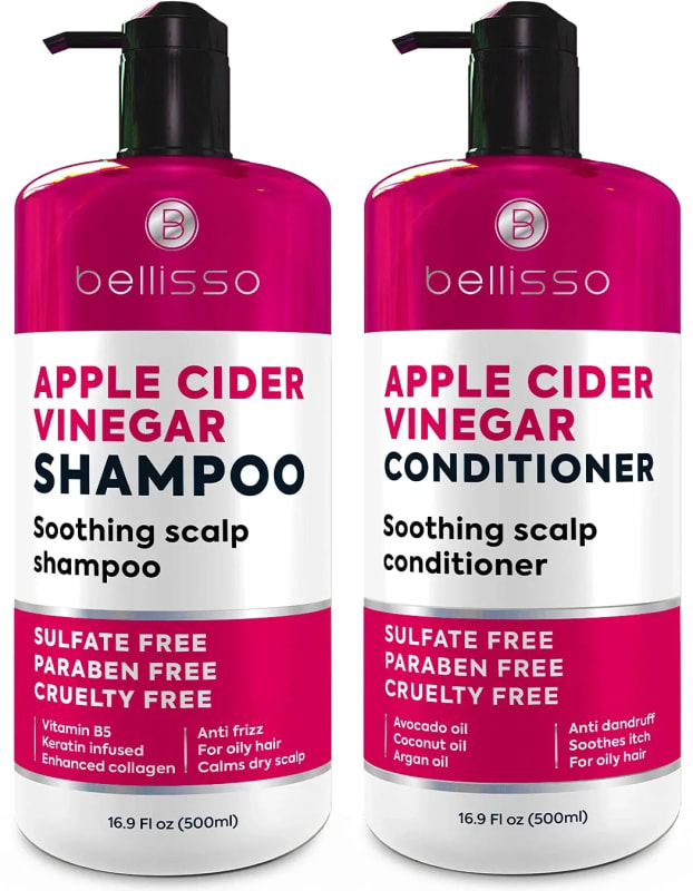 Apple Cider Vinegar Shampoo and Conditioner Set - Sulfate and Paraben Free Anti Dandruff Soothing Scalp Treatment with Biotin, Keratin, Avocado, Coconut, Argan Oil, Men and Women