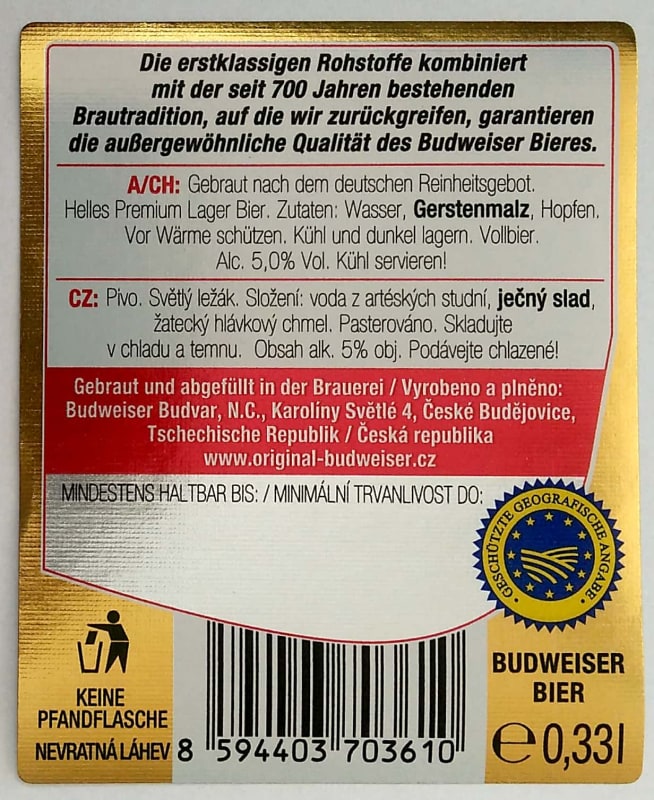 Czechvar B ORIGINAL Czech Imported Lager 0,33l A, CH, CZ Etk. B