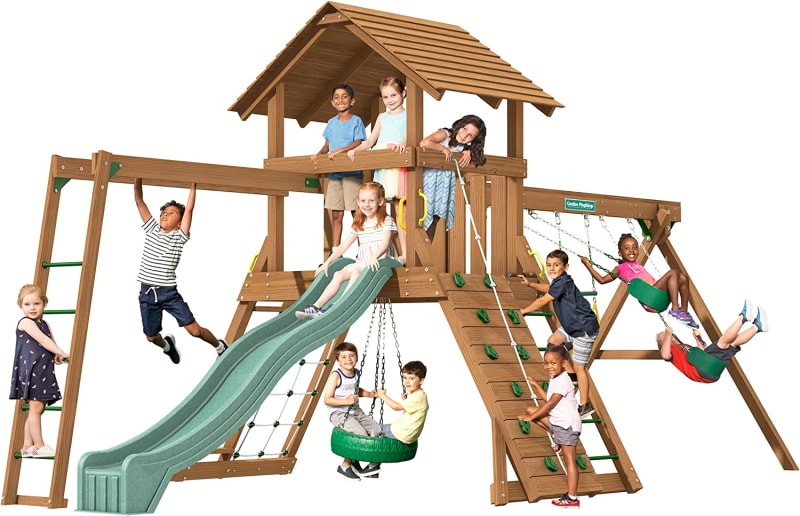 Northbridge Pack 4 Wooden Swing Set (Made in The USA) Ages 2 to 12 Years, Includes Climbing Wall for Kids, Playground Swings & Slide, Monkey Bars & Tire Swing, 22x12x11 ft