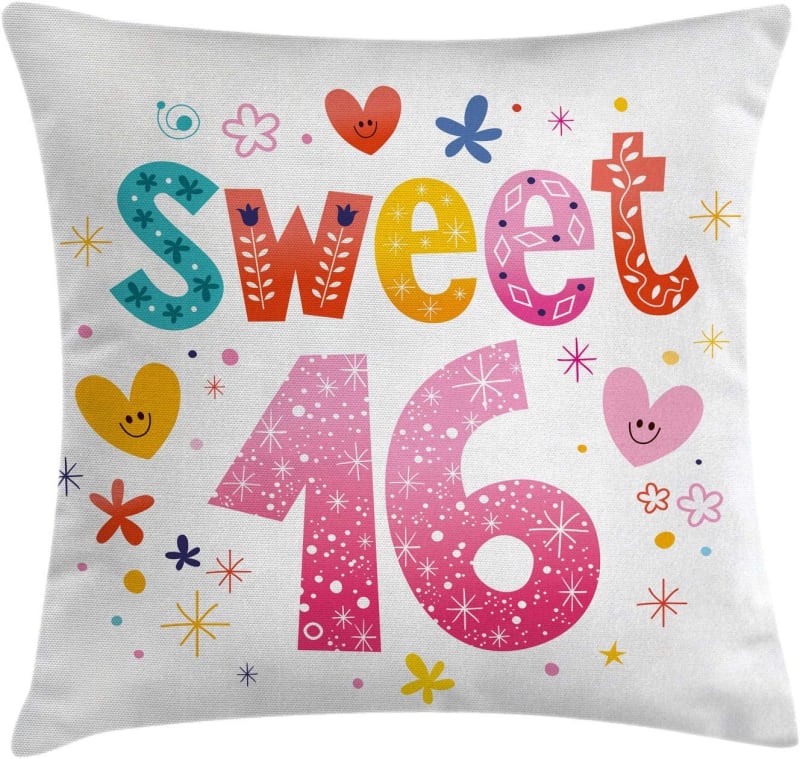 16th Birthday Throw Pillow Cushion Cover, 16 Hearts Stars and Flowers Unique Girls Joyous Fun Design, Decorative Square Accent Pillow Case, 16" X 16", Pale Pink