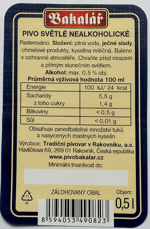 Bakalář Nealkoholický Za studena chmelený Etk. B