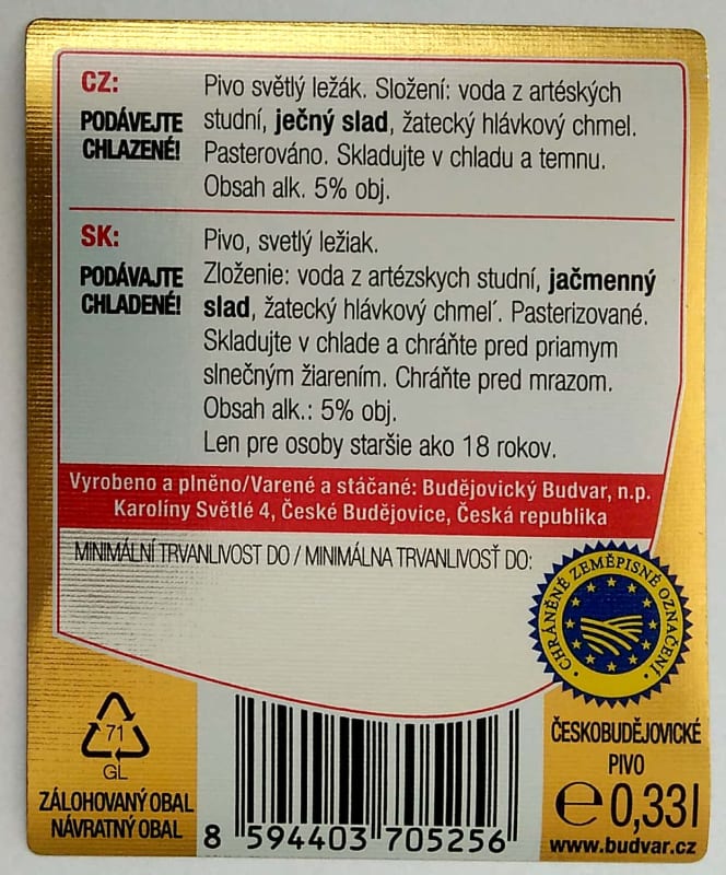 Czechvar B ORIGINAL Czech Imported Lager 0,33l CZ, SK Etk. B