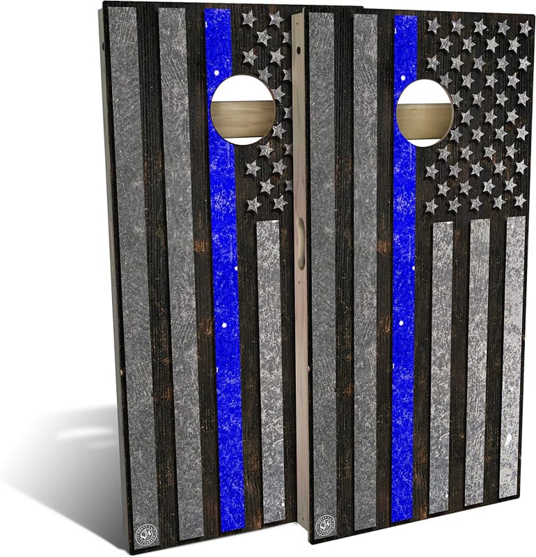 Police Thin Blue Line Cornhole Set with 8 Cornhole Bags, Baltic Birch Plywood Tops for The Smoothest Flattest Playing Surface