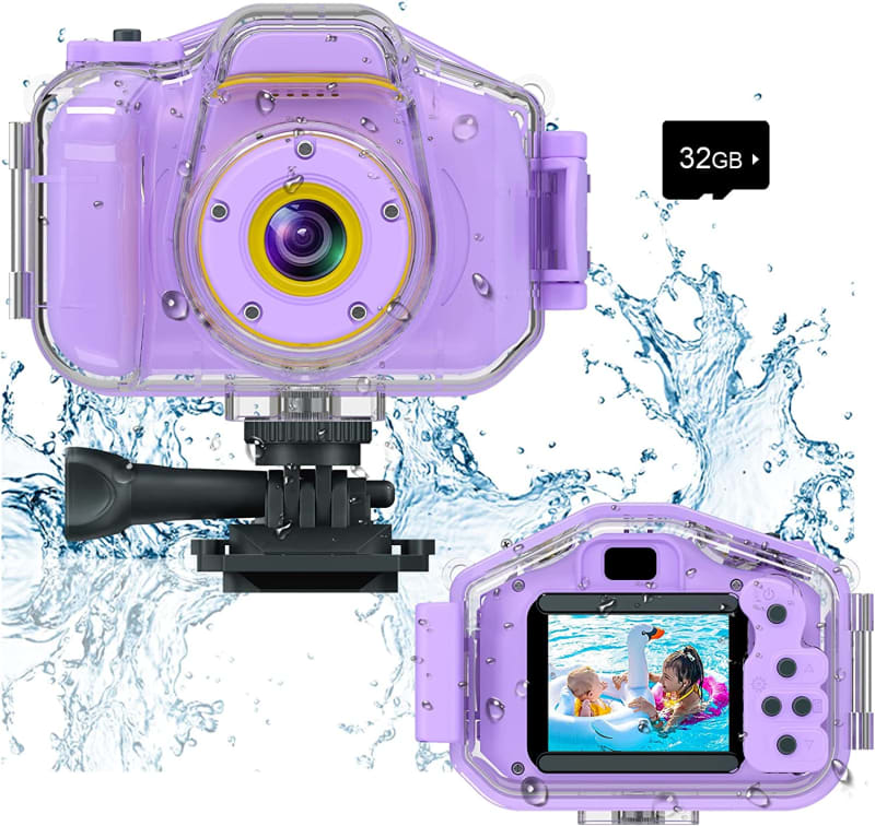 Kids Waterproof Camera Toys for 3-12 Year Old Boys Girls Christmas Birthday Gifts HD Children's Digital Action Camera Child Underwater Sports Camera 2Inch Screen with 32GB Card