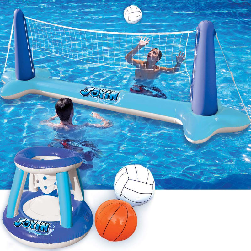Inflatable Volleyball Net & Basketball Hoops Pool Float Set; Balls Included for Kids/Adults, Summing Pool Game, Floating, Summer Floaties, Volleyball Court