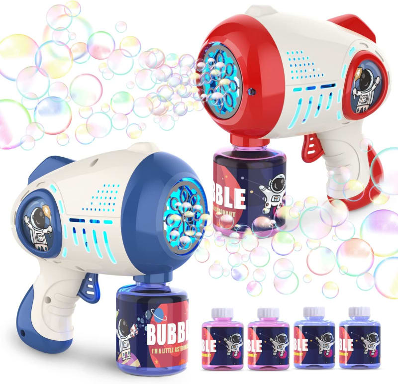 2 Bubble Guns Machine for Toddlers, 8 Hole Light Up Bubble Maker with 4 Refill Solution for Kids, Automatic Bubble Blower for Bubble Blaster Summer Outdoor Toys, Birthday Party Favor Gift
