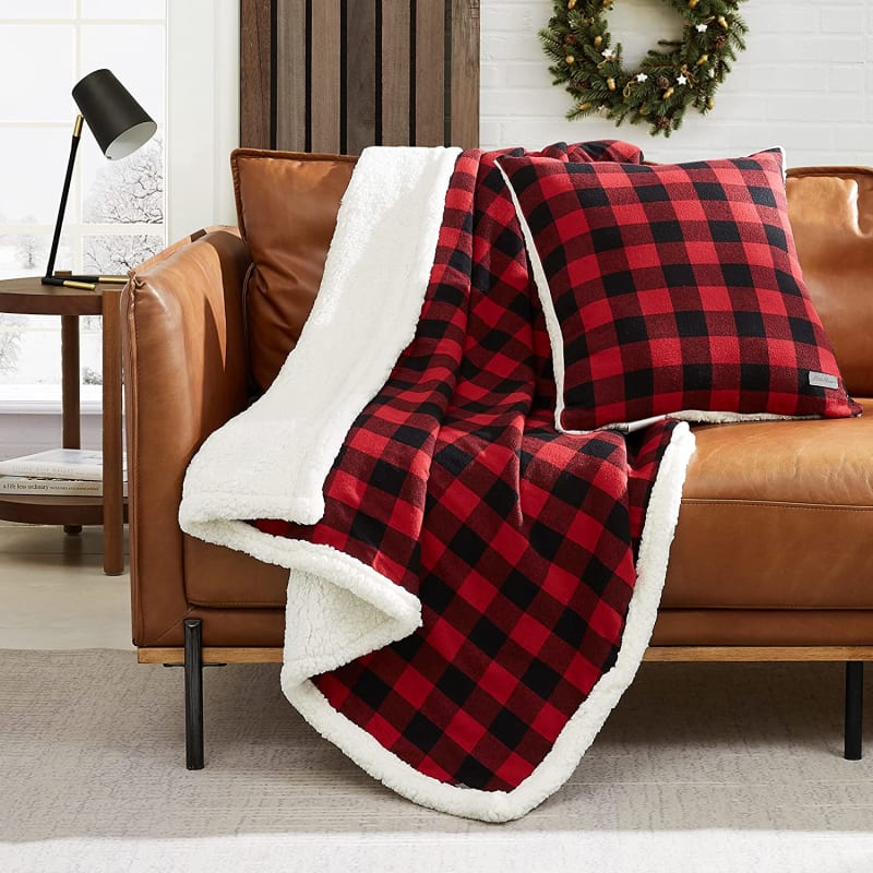 Bauer Throw Blanket with Pillow Reversible Flannel/Sherpa Bedding Set, Buffalo Plaid Home Decor for All Seasons, 1 Count (Pack of 1), Red/Black Check