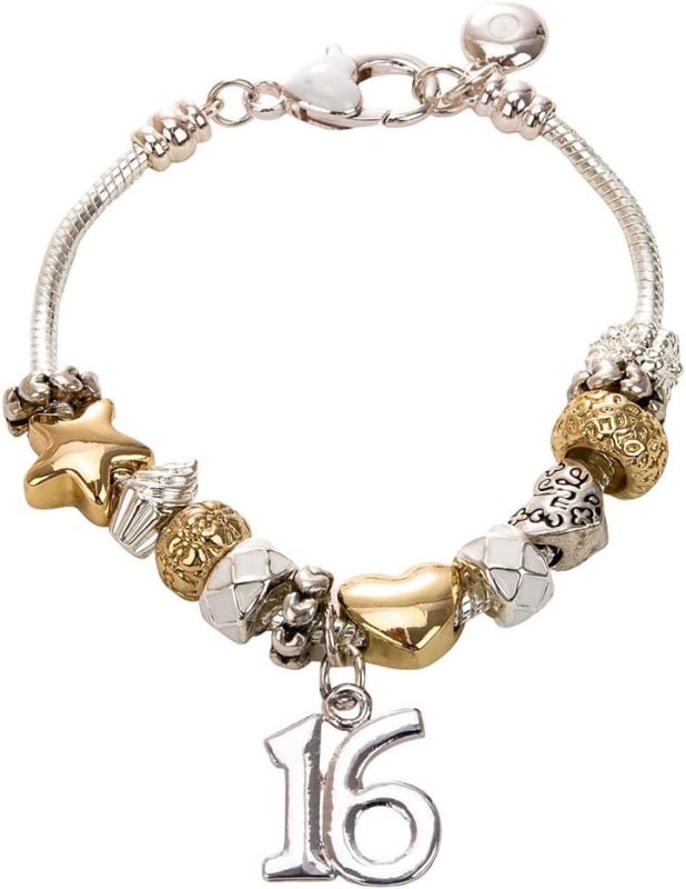 Lovely 16th Birthday Silver Plated Charm Bracelet with Hearts, Stars and Rings - Perfect Sweet 16 Gift Idea