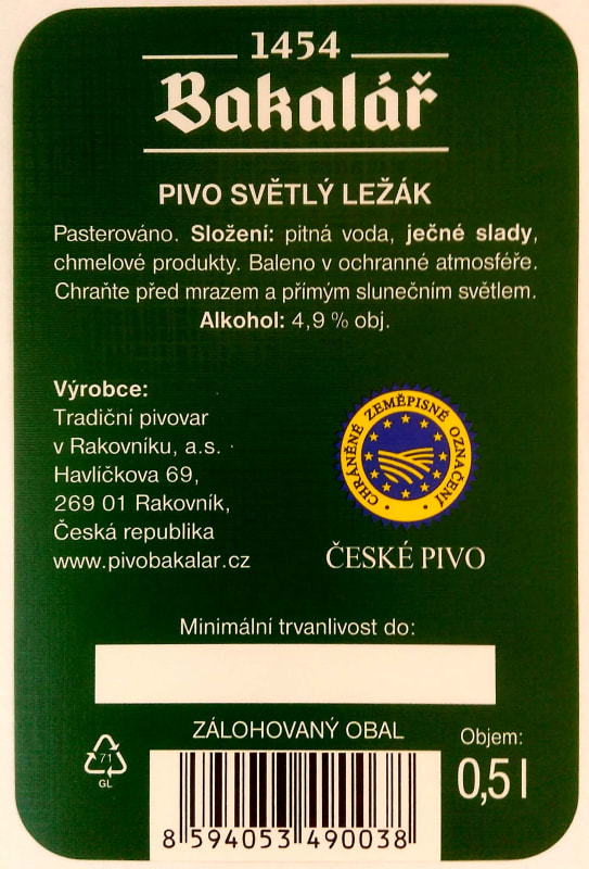 Bakalář Světlý ležák zelený Etk. B