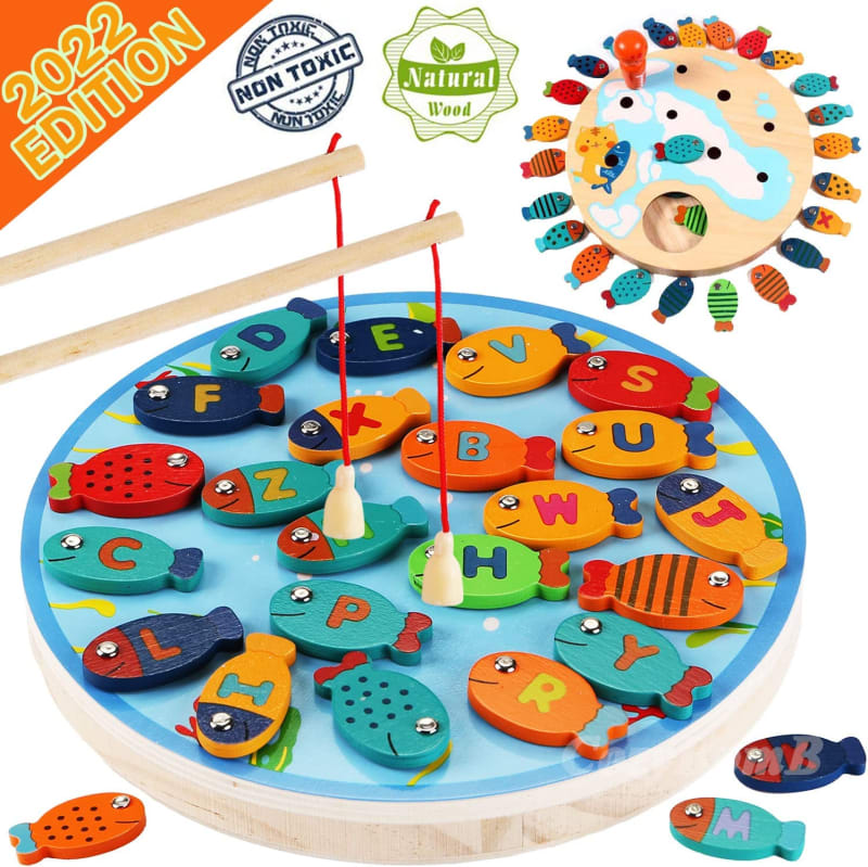Magnetic Wooden Fishing Game Toy for Toddlers - Alphabet Fish Catching Counting Preschool Board Games Toys for 3 4 5 Year Old Girl Boy Kids Birthday Learning Education Math with Magnet Poles