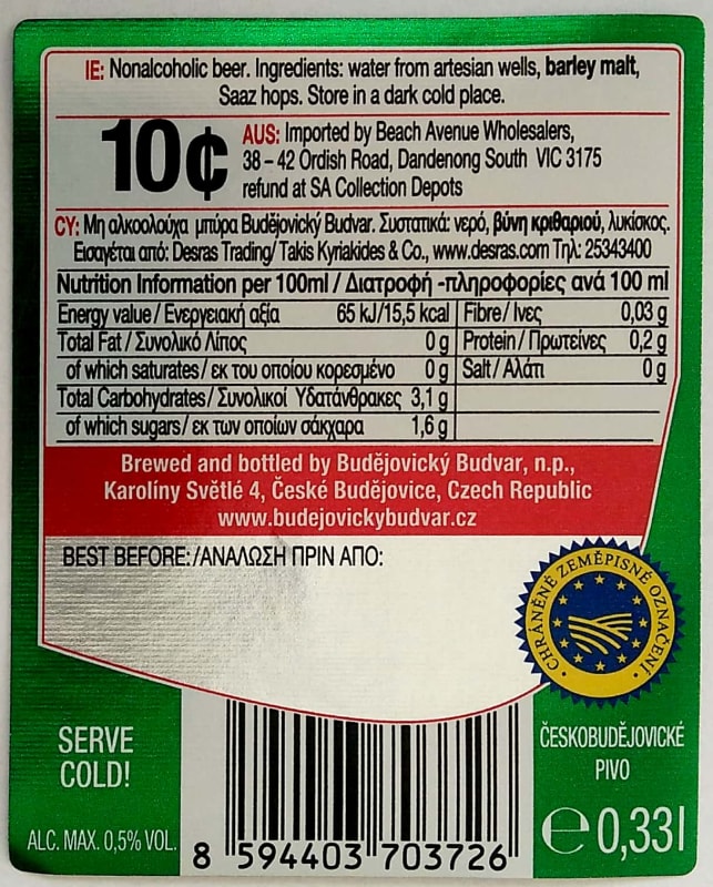 Budweiser Budvar B FREE Nealkoholické pivo 0,33l Budweiser IE, AUS, CY Etk. B