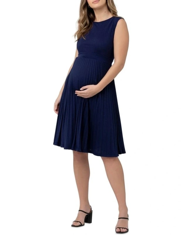 Round Neck Knife Pleat Dress in Blue