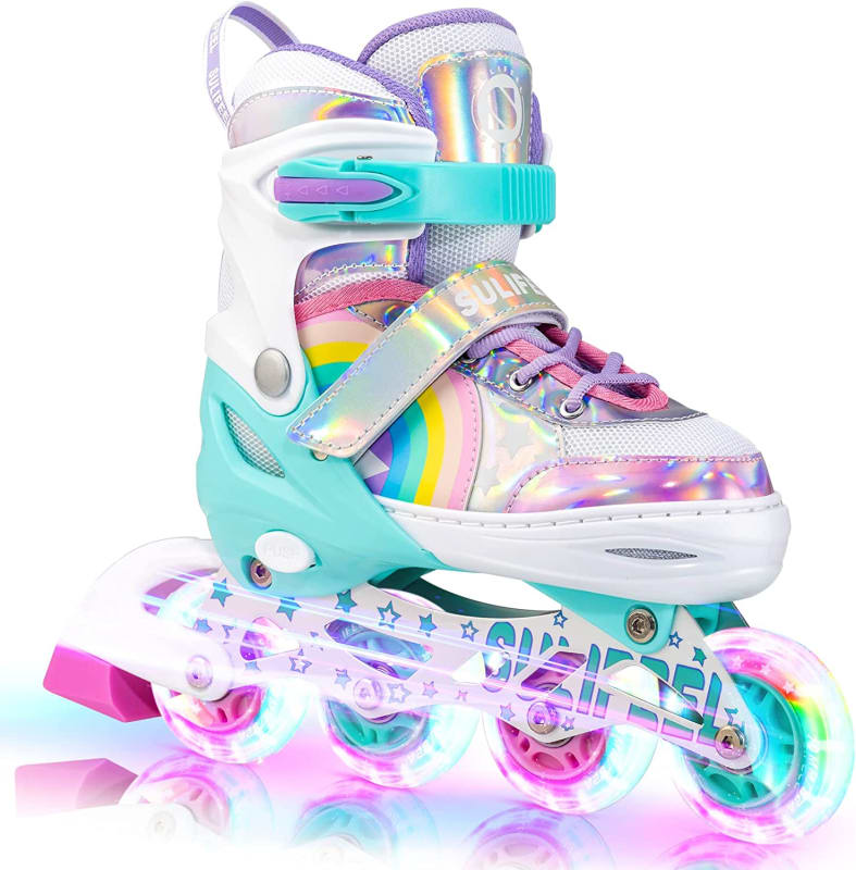 Rainbow Unicorn Inline Skates for Girls Boys 4 Size Adjustable Light up Wheels Roller Blades for Kids Beginner