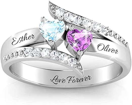 Personalized Love Heart Promise Rings for Her Sterling Silver Couples Engagement Name Ring for Women Mothers Ring with 5A Cubic Zirconia Birthstones Jewelry for Women