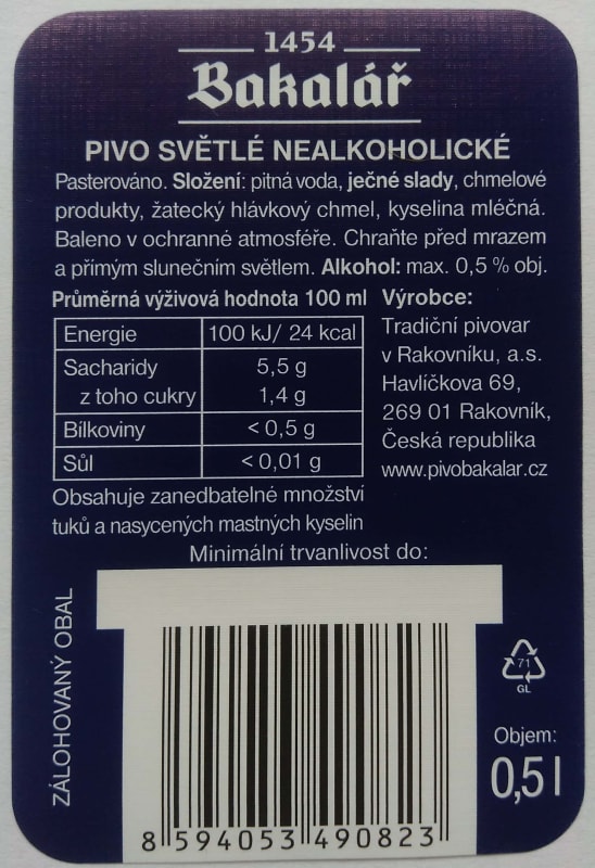 Bakalář Nealko za studena chmelený široký kód Etk. B v3