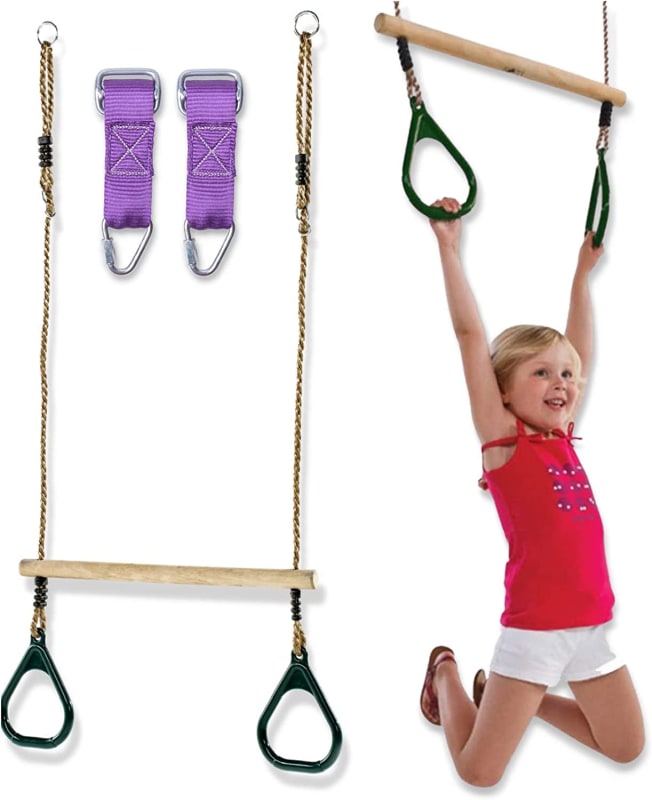 Weatherproof Kids Trapeze Bar with Rings | Wooden Swing Set Hanging Bar | 2 Buckle Straps for Ninja Warrior Obstacle Course | Trapeze Bar for Swing Set, in & Outdoor Trapeze Swing Bar