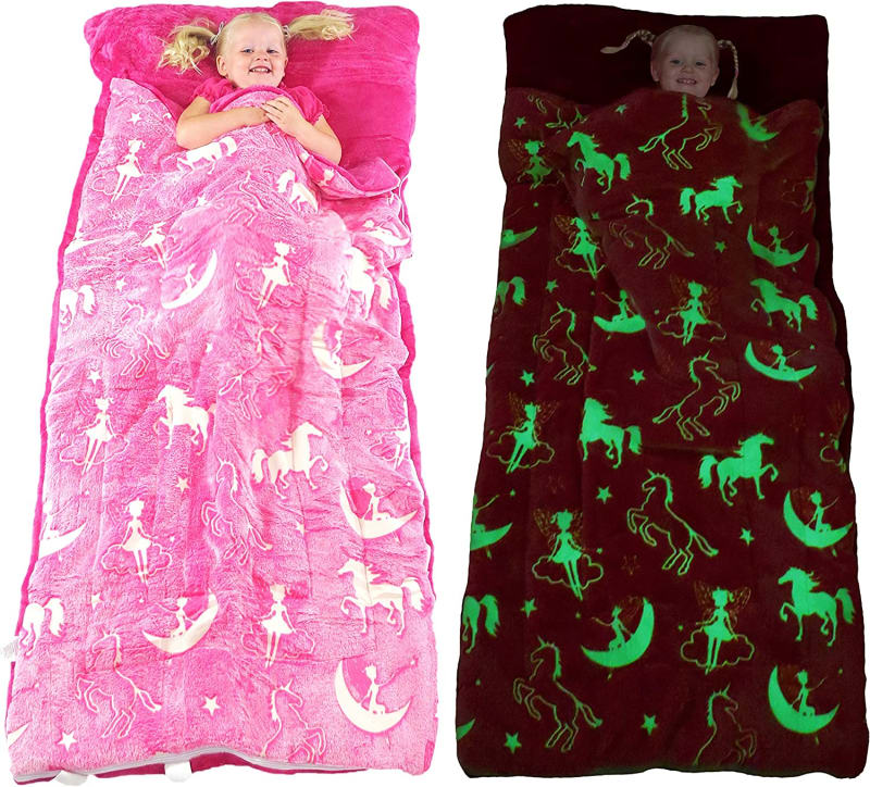 Kids Sleeping Bag Glow in The Dark Slumber Bag for Girls and Boys - Large, Soft, Durable, Warm, Plush Sleeping Bags with Pillow Pocket - Dinosaur & Unicorn Gift for Sleep Overs & Daycare Napmat