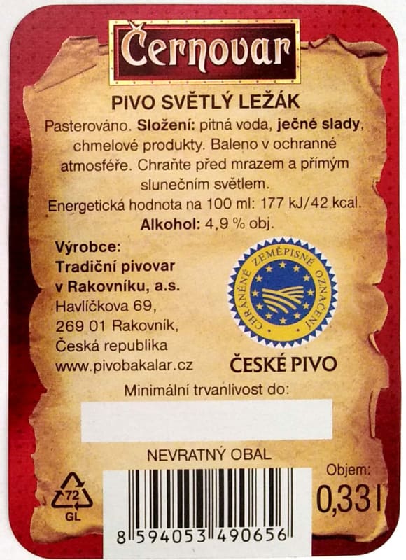 Černovar světlé 0.33l úzký kód Etk. B