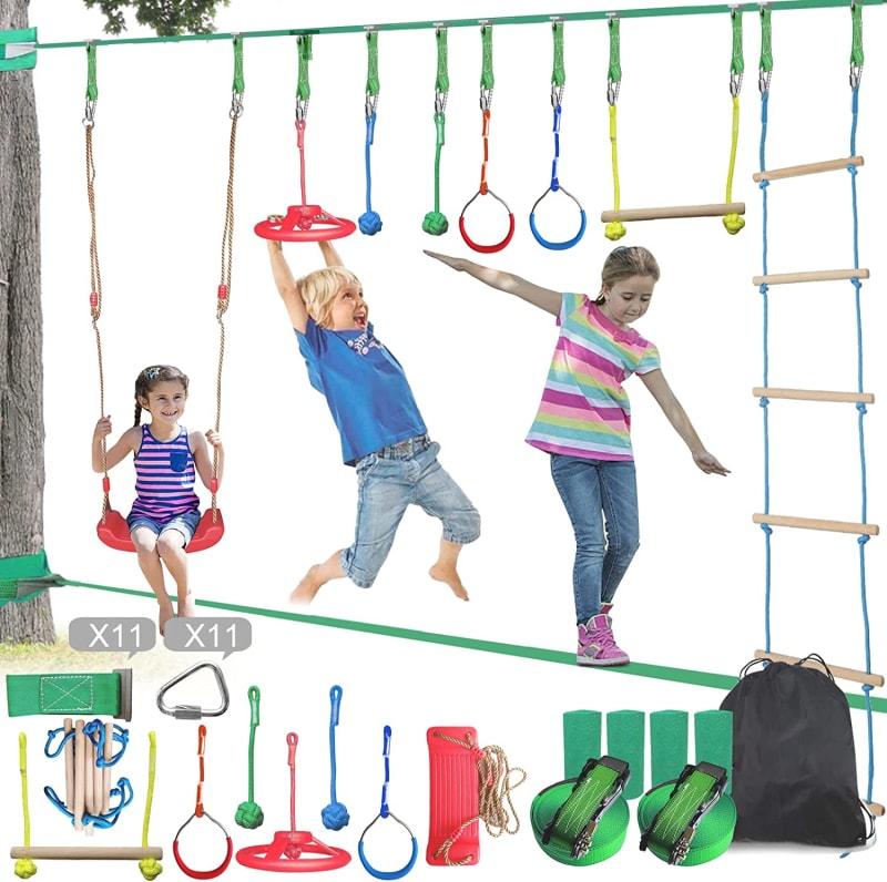 Ninja Warrior Obstacle Course for Kids with 5 Play Modes,2X65FT Ninja Slackline with Swing,Ladder,Monkey Bars,Gym Rings,Rope Knots,Portable Training Equipment