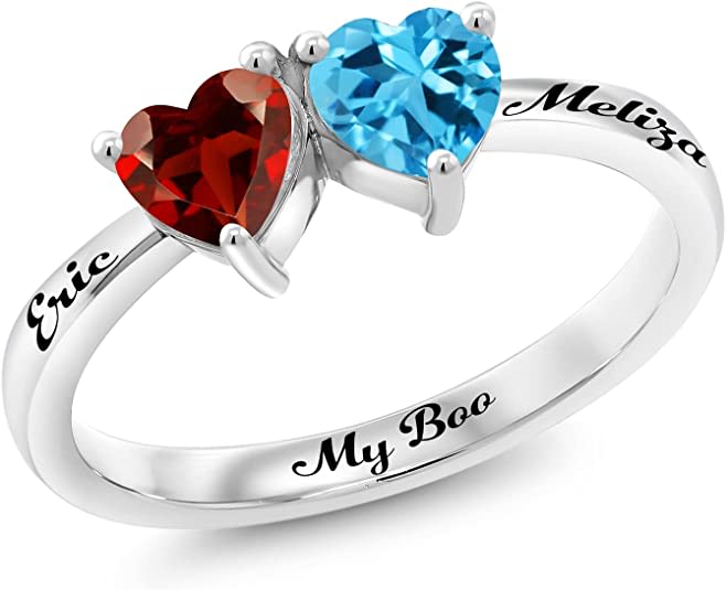 925 Sterling Silver Build Your Own Personalized Engraved Promise Love Birthstone Double Heart Shape Fashion Mothers Name Women's Ring