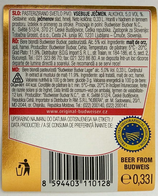 Budweiser Budvar B ORIGINAL Czech Imported Lager 0,33l SLO, RO, MD Etk. B