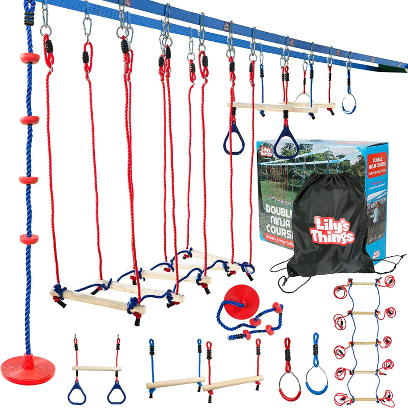 Ninja Slackline Obstacle Course for Kids - 80 Foot Line - Monkey Bars Playground Equipment - Ninja Warrior Course with Monkey Bars for Kids - (Rickety Bridge Edition) - Patented Double Line