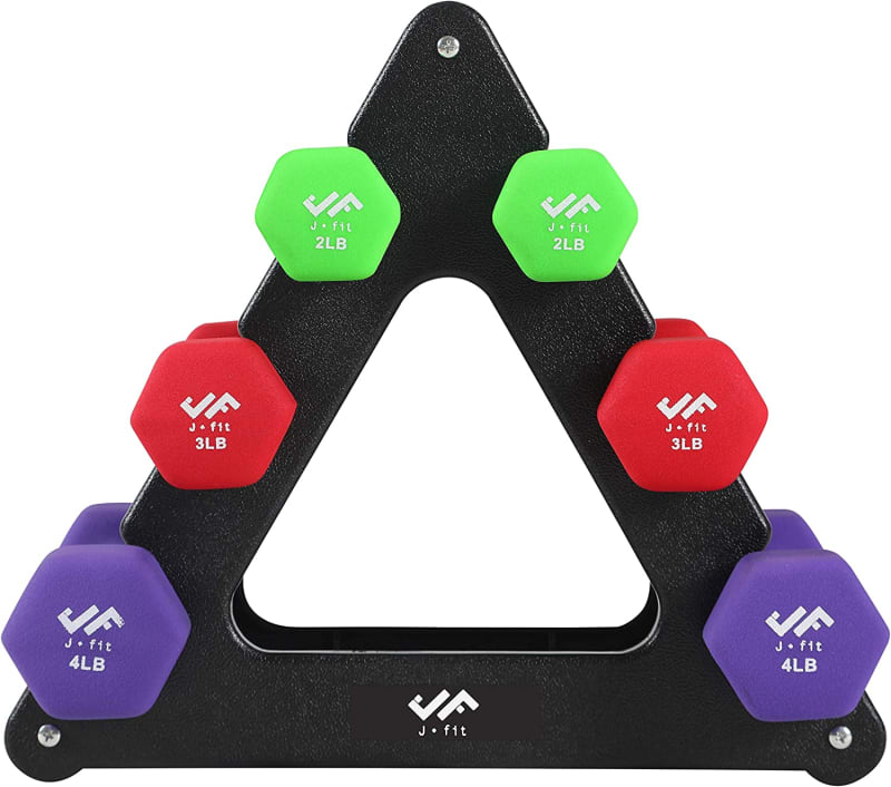 Dumbbell Hand Weight Pairs and Sets – Neoprene and Vinyl Dumbbell Pairs Options or 7 Neoprene Dumbbell Rack Set Options – Premium Non-Slip, Color Coded Hex Shaped Hand Weights