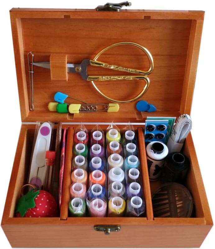 Wooden Sewing Basket with Sewing Kit
