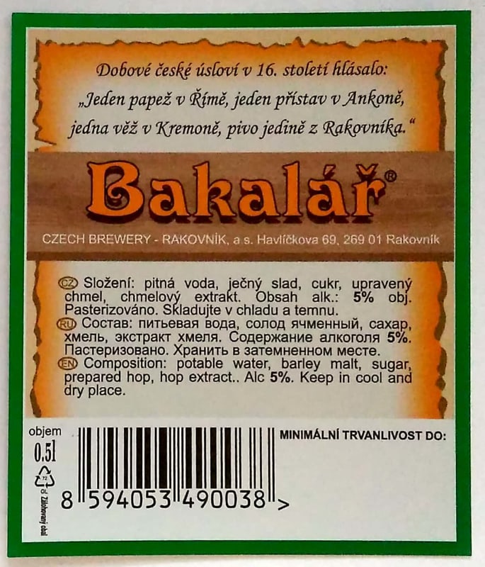 Bakalář Světlý ležák export RU Etk. B