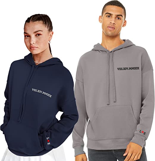 Custom Embroidered Roman Numeral Date Matching Couple Hoodies