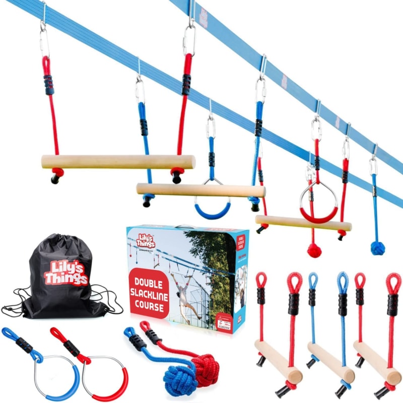 Double Ninja Slackline Obstacle Course for Kids - 80 Foot Line - Monkey Bars Playground Equipment - Ninja Warrior Course with Monkey Bars for Kids - Ninja Ropes Course - Patented Double Line Design