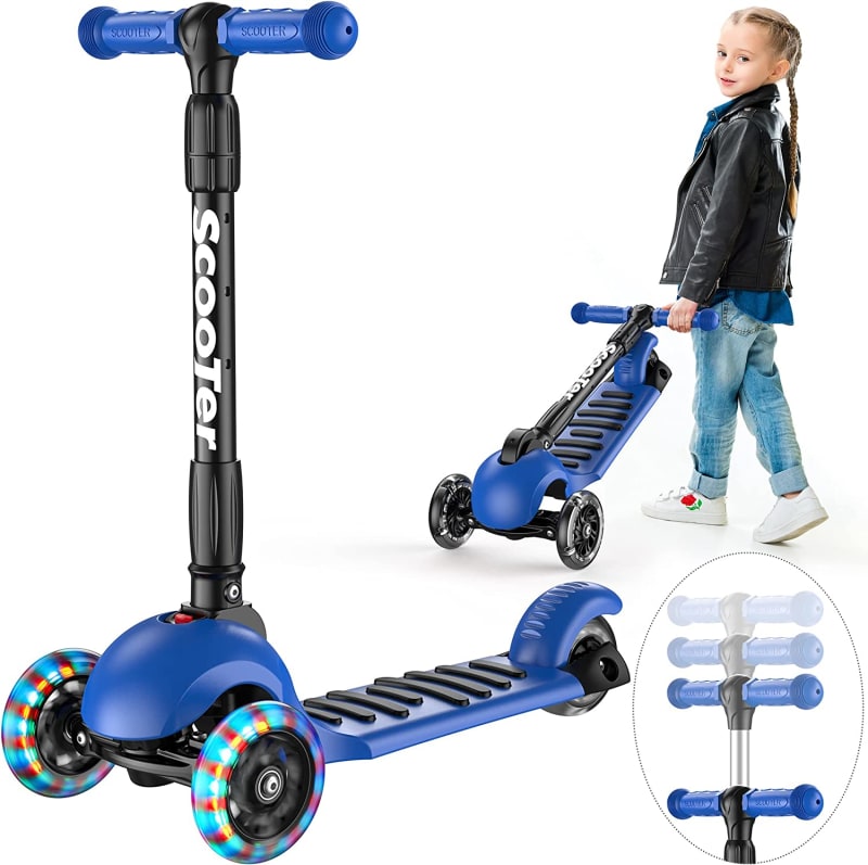 Scooter Foldable Adjustable Height Easy Turning 3 Wheel Scooter Kids Boys Girls Flashing PU Wheels