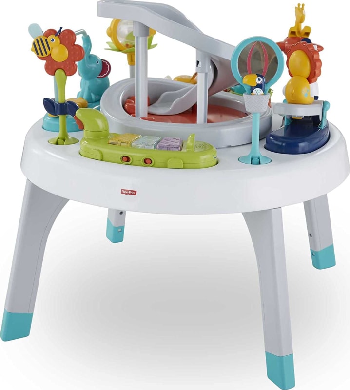 2-in-1 Baby Activity Center and Toddler Activity Table Racing Ramp with Lights and Music, Spin ‘n Play Safari