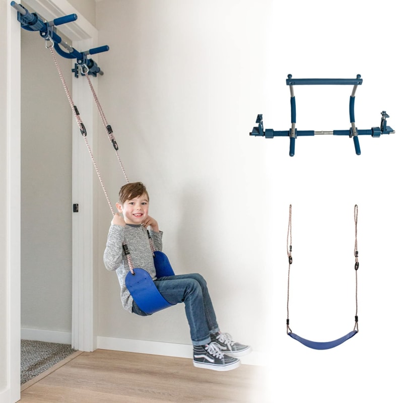 Deluxe Doorway Swing Set – All-in-One Indoor Gym and Playground for Kids and Adults – Two Attachments for Fun and Fitness Indoors: Pull-Up Bar and Plastic Swing