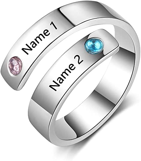 Personalized Spiral Twist Ring with 2 Round Simulated Birthstones Custom Engraved Names Promise Rings for Women