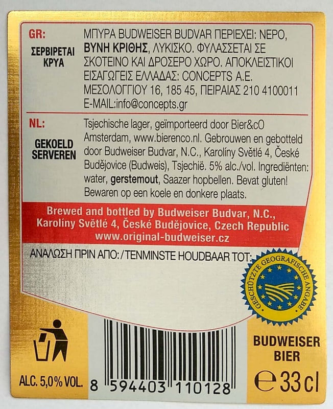 Budweiser Budvar B ORIGINAL Czech Imported Lager 0,33l GR, NL Etk. B