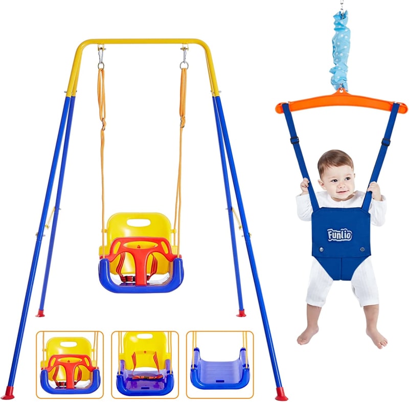2 in 1 Swing Set for Toddler & Baby Jumper, Heavy Duty Kids Swing & Bouncer with 4 Sandbags, Foldable Metal Stand for Indoor/Outdoor Play, Easy to Assemble and Store