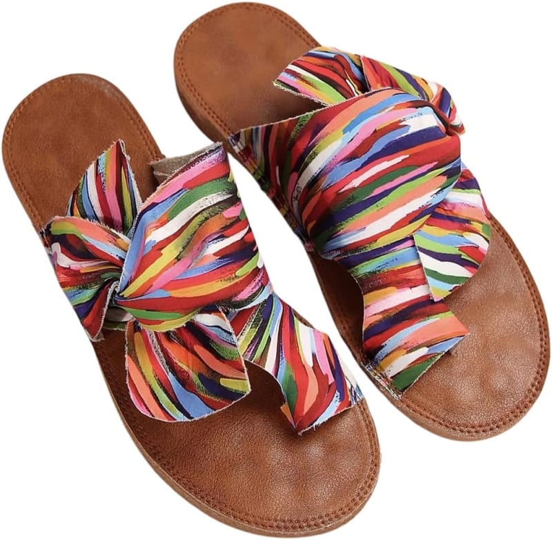 Gorglitter - Rainbow Bow Tie Flat Beach Sandals