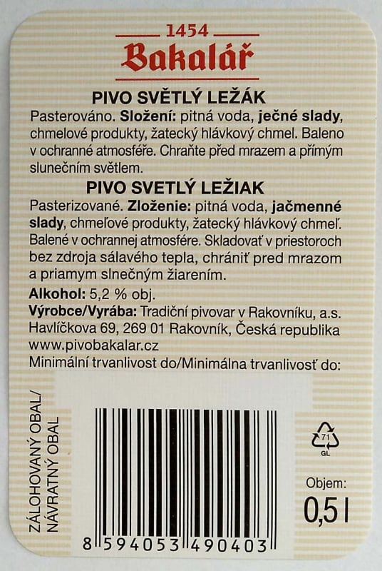 Bakalář Za studena chmelený světlý ležák SK široký kód Etk. B v3