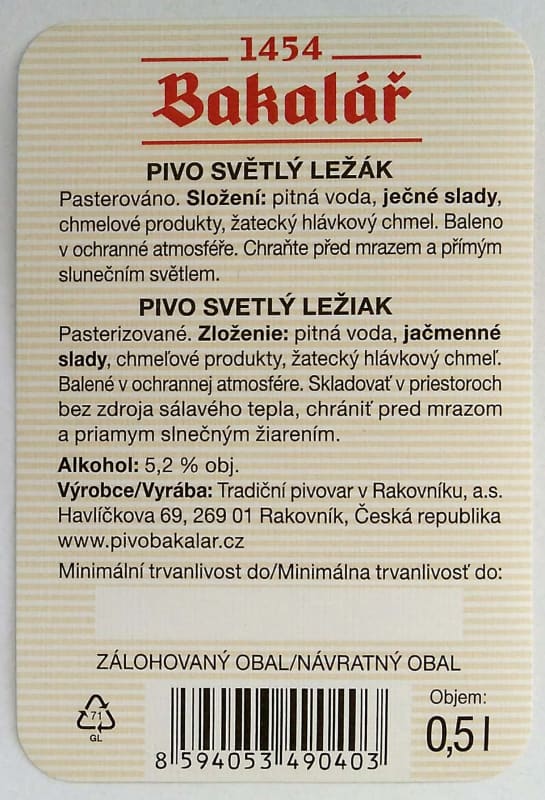 Bakalář Za studena chmelený světlý ležák SK Etk. B v3