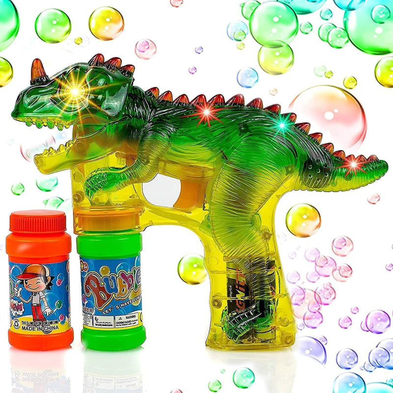 Dinosaur Bubble Gun for Kids. Colorful Dinosaur Bubble Blower Toy with LED Lights and Music Chimes. Complimentary Batteries Included