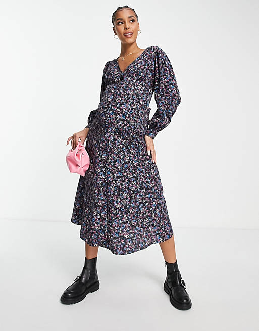 Maternity floral print button down midi tea dress in multi