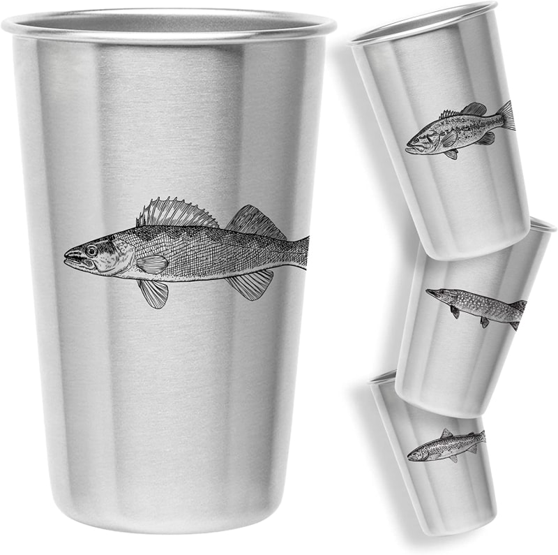 Freshwater Fish (Set of 4) Stainless Steel Pint Cups - Unique Gift for Guys - Tumblers for Home, Travel, Camping, Camper, Office, A Birthday Gift For Men - Durable Glasses or Mugs