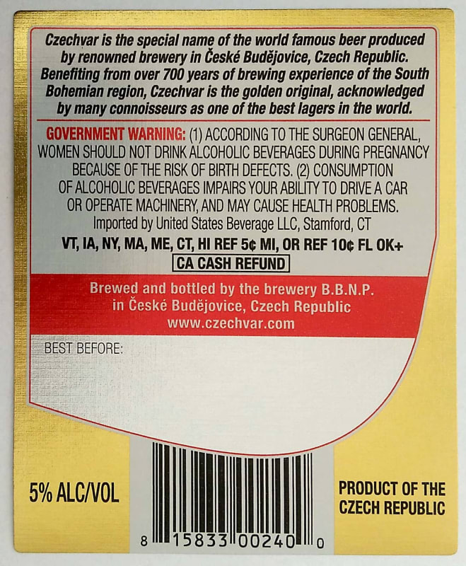 Czechvar B ORIGINAL Czech Imported Lager 0,5l CA CASH Etk. B