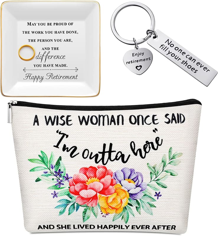Retirement Gifts for Women Happy Retirement Trinket Tray Jewelry Dish Tray, Retired Makeup Bag and Retirement Keychain Retirement Gifts for Women Teachers Coworkers Wife Mom Grandma (Chic Pattern)
