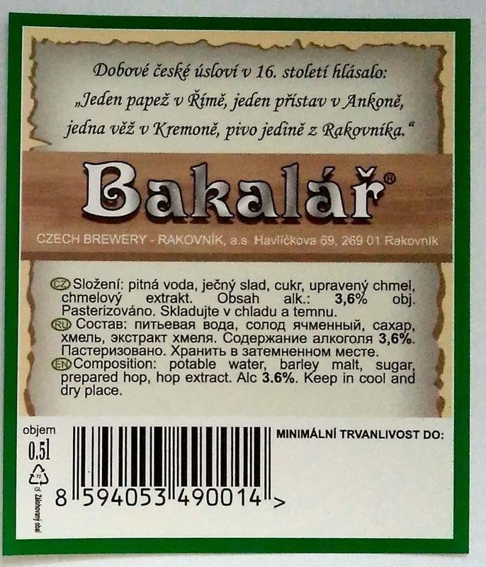 Bakalář Světlé výčepní export RU Etk. B
